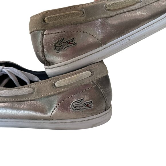 Lacoste Loafers Womens 7.5 Ziane Silver Boat Shoes Metallic Slip On Leather Prep - Picture 6 of 10